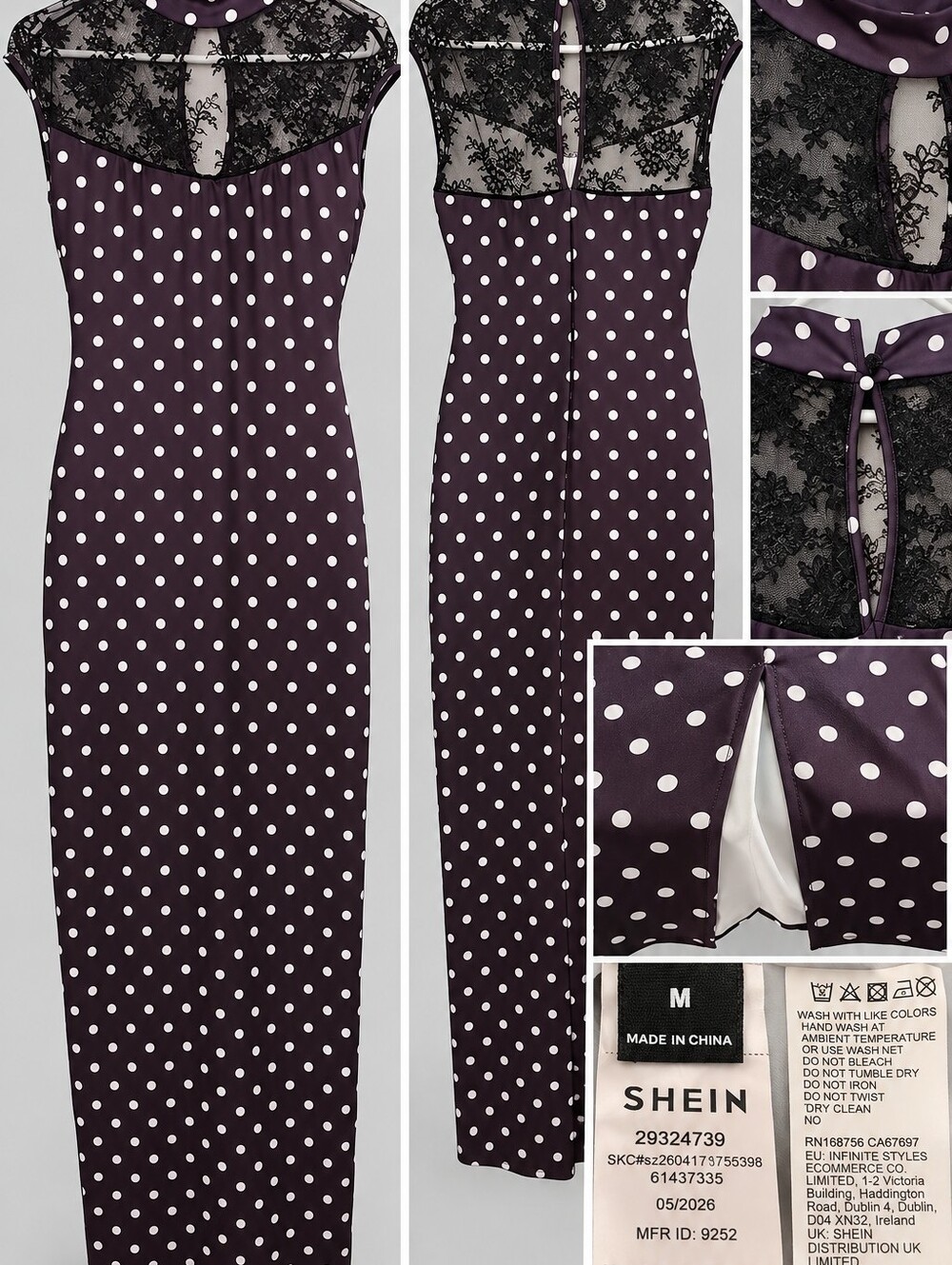 SHEIN Plum Polka Dot Lace Yoke Midi Slip Dress